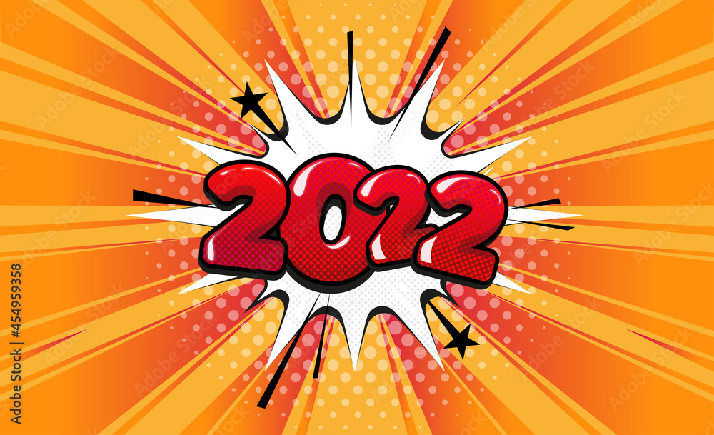 Fototapeta premium 2022 Christmas comic text wiith speech bubble in pop art style. Vintage comics style 2022 Xmas poster.