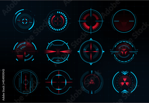 Futuristic crosshair. Modern aiming system. Sci-fi futuristic spaceship aim. Optical and radar location theme. Vector