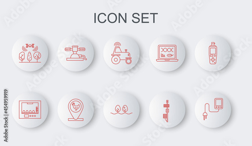 Set line Sensor, Incubator for eggs, Wireless tractor on smart farm, Standalone sensor, Smart with drone, Automatic irrigation sprinklers, Chicken location and Plant icon. Vector