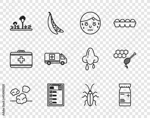 Set line Dust, Medicine bottle and pills, Man with excessive sweating, Clinical record, Mold, Emergency car, Cockroach and Honeycomb honey dipper icon. Vector