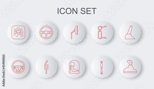 Set line Gear shifter, Steering wheel, Windscreen wiper, Shock absorber, Car muffler and icon. Vector