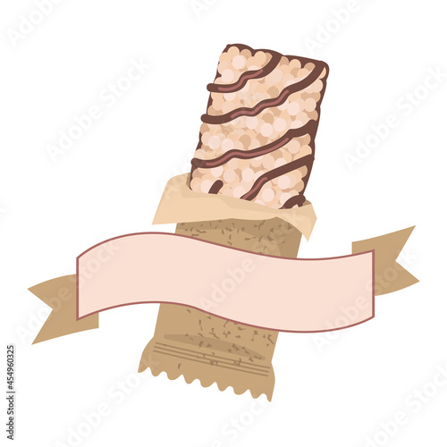 A muesli bar wrapped with a ribbon on top with an empty space for text. Decorative flag with place for text in beige colors. Healthy dessert icon, vector isolate on white