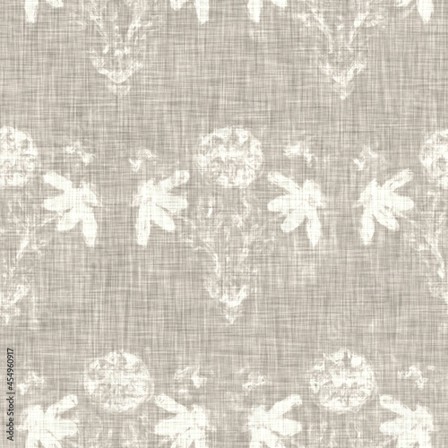 Hand drawn grey flower motif linen texture. Whimsical garden seamless pattern. Modern spring doodle floral nature textile for home decor. Botanical scandi style rustic eco ecru all over print