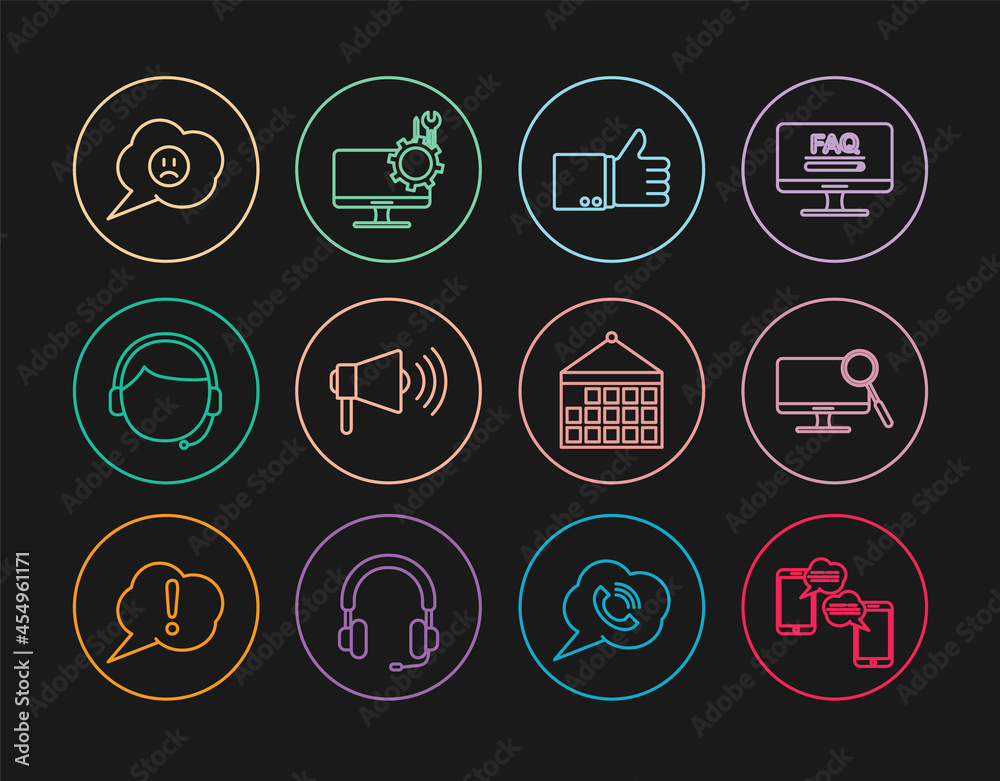 Set line Chat messages on mobile, Computer monitor diagnostics, Hand thumb up, Megaphone, Man with headset, Speech bubble sad smile, Calendar and service icon. Vector Set line Chat messages on mobile, Computer monitor diagnostics, Hand thumb up, Megaphone, Man with headset, Speech bubble sad smile, Calendar and service icon. Vector