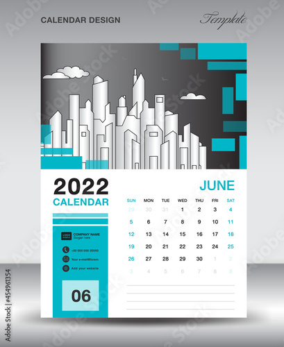 Calendar 2022 design template, June 2022 year layout, vertical calendar design, Desk calendar template, Wall calendar, Planner, week starts on sunday, Blue square shape background, vector