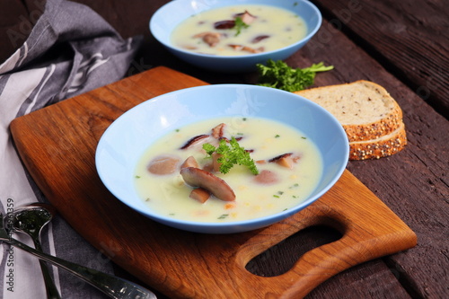 Creamy soup with boletus mushroom and herbs on wooden table