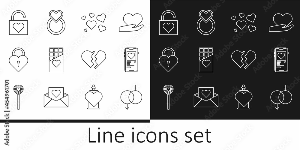 Set line Gender, Mobile with heart, Heart, Chocolate bar, Castle in the shape of, Lock and, Broken and Wedding rings icon. Vector