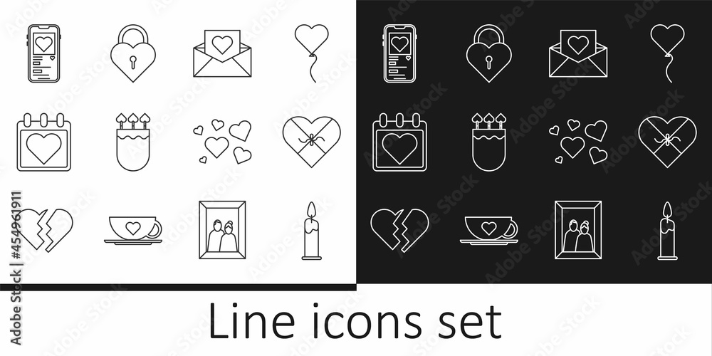 Set line Burning candle, Candy heart shaped box, Envelope with Valentine, Quiver arrows, Calendar, Mobile, Heart and Castle the of icon. Vector