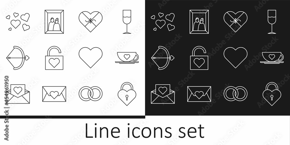 Set line Castle in the shape of heart, Coffee cup and, Candy shaped box, Lock, Bow arrow, Heart, and Picture frame icon. Vector
