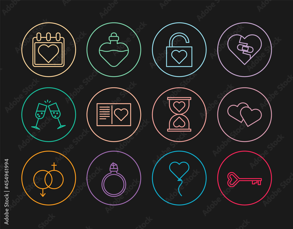 Set line Key in heart shape, Heart, Lock and, Valentines day flyer with, Glass of champagne, Calendar, the center hourglass and Bottle love potion icon. Vector Set line Key in heart shape, Heart, Lock and, Valentines day flyer with, Glass of champagne, Calendar, the center hourglass and Bottle love potion icon. Vector