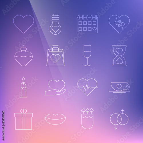 Set line Gender  Coffee cup and heart  Heart in the center hourglass  Calendar with  Shopping bag  Bottle love potion  and Wine icon. Vector