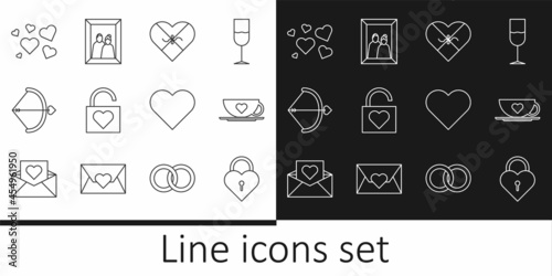 Set line Castle in the shape of heart, Coffee cup and, Candy shaped box, Lock, Bow arrow, Heart, and Picture frame icon. Vector