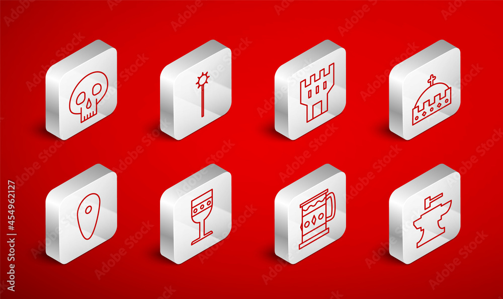 Set line Anvil for blacksmithing hammer, Medieval chained mace ball, Castle tower, King crown, Wooden mug, Skull, goblet and Shield icon. Vector