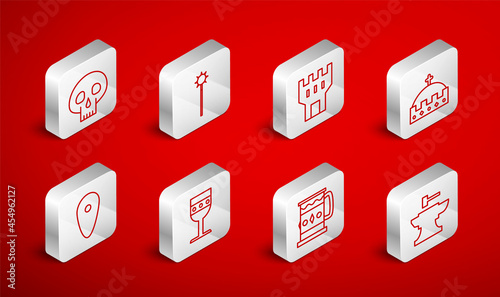 Set line Anvil for blacksmithing hammer, Medieval chained mace ball, Castle tower, King crown, Wooden mug, Skull, goblet and Shield icon. Vector