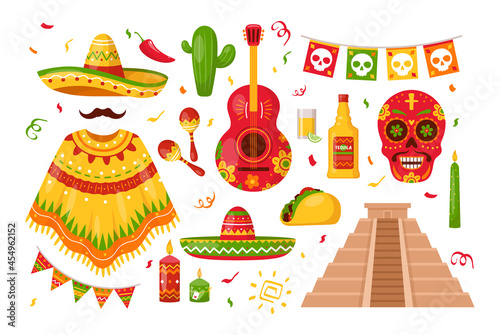 Day of the Dead Dia de Muertos elements. Vector set of Mexican icons with sombrero, mexican clothes, skeleton characters, tequila, cactus, pyramid, maracas for from Cinco De Mayo. Icons for fiesta