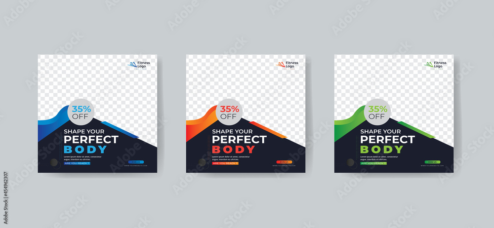 Fitness gym social media post square banner template for gym instagram post with vector & illustration in 3 colorful accents template