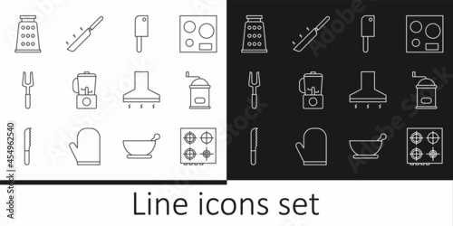 Set line Gas stove, Manual coffee grinder, Meat chopper, Blender, Barbecue fork, Grater, Kitchen extractor fan and Frying pan icon. Vector
