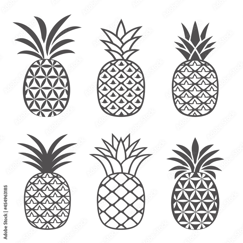 Abstract pineapple icons set in outline style. Creative, flat logo design, symbol, emblem or icon of tropical fruit in a modern abstract style. Vector illustration.