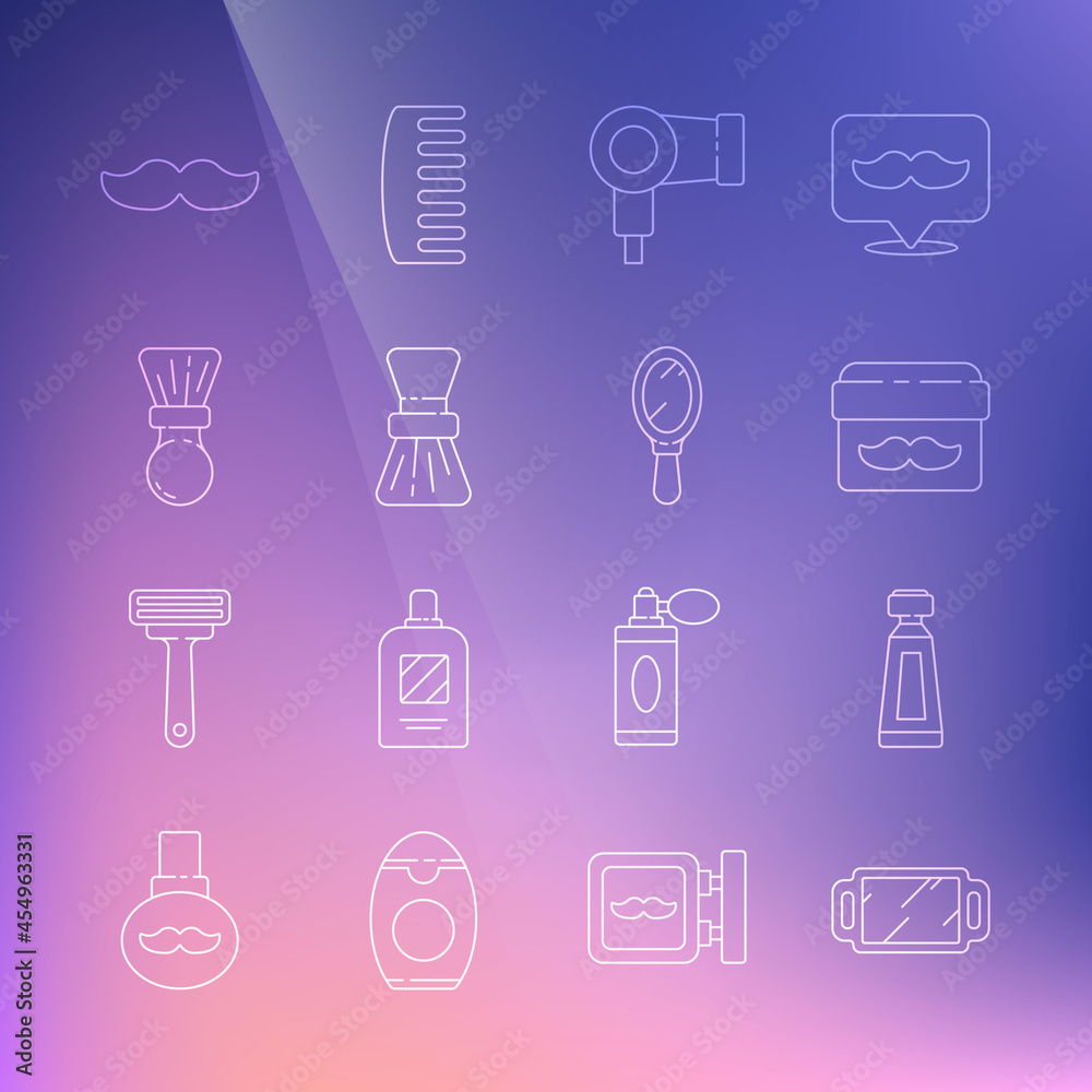 Set line Hand mirror, Cream lotion cosmetic tube, jar, Hair dryer, Shaving brush, Mustache and icon. Vector Set line Hand mirror, Cream lotion cosmetic tube, jar, Hair dryer, Shaving brush, Mustache and icon. Vector