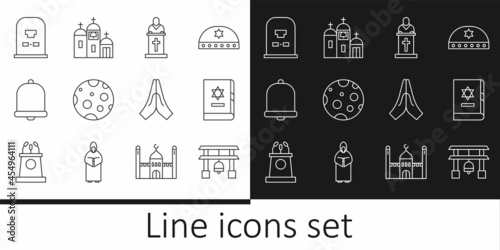 Set line Japan Gate, Jewish torah book, Church pastor preaching, Moon, bell, Tombstone with RIP written, Hands praying position and building icon. Vector