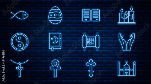 Set line Muslim Mosque, Hands in praying position, The commandments, Holy book of Koran, Yin Yang, Christian fish, Decree, paper, parchment, scroll and Easter egg icon. Vector