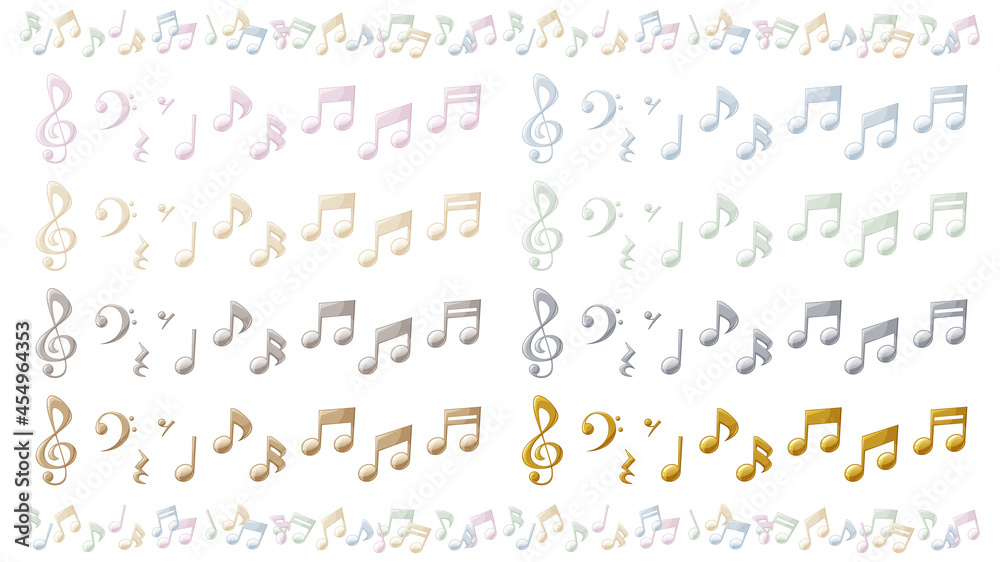立体的な音符のイラスト素材セット_ゴールド_シルバー_パール
