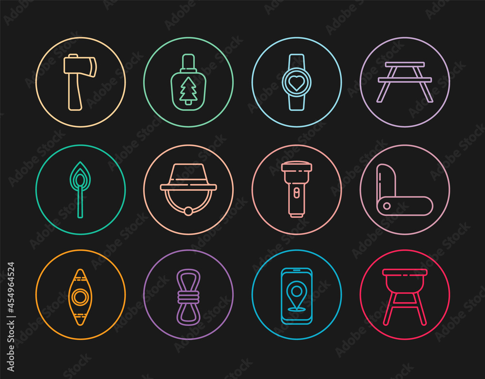 Set line Barbecue grill, Swiss army knife, Smart watch showing heart beat rate, Camping hat, Burning match with fire, Wooden axe, Flashlight and Canteen water bottle icon. Vector