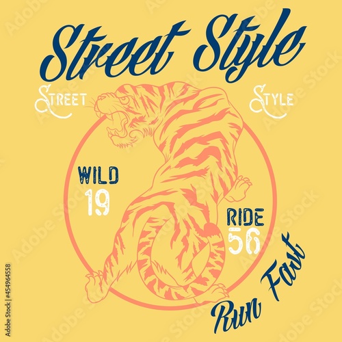 Tiger with text Street style and Run Fast Varsity and Motorcycle design