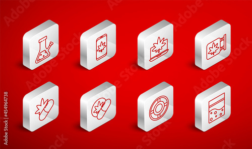 Set line Plastic bag of cannabis, Mobile and marijuana or, Laptop, Marijuana store, Ashtray, Glass bong for smoking, Herbal ecstasy tablets and Medical pills with icon. Vector
