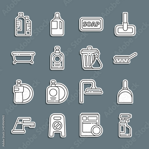 Set line Spray bottle with detergent liquid, Dustpan, Brush for cleaning, Bar of soap, Hand sanitizer, Bathtub, Bottles agent and Trash can garbage bag icon. Vector
