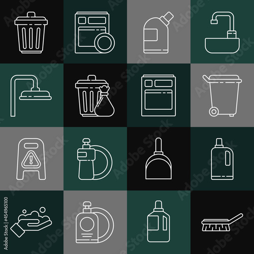 Set line Brush for cleaning, Fabric softener, Trash can, Bottles agent, and garbage bag, Shower head, and Kitchen dishwasher machine icon. Vector