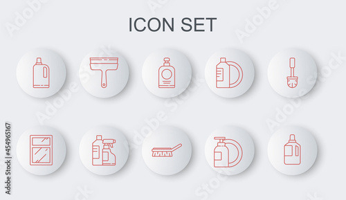 Set line Fabric softener, Cleaning service for windows, Hand sanitizer bottle, Dishwashing liquid plate, Rubber cleaner, Bottles cleaning agent and Brush icon. Vector