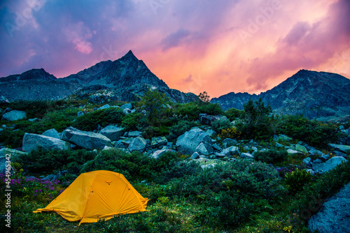 tent in the mountains and sunset