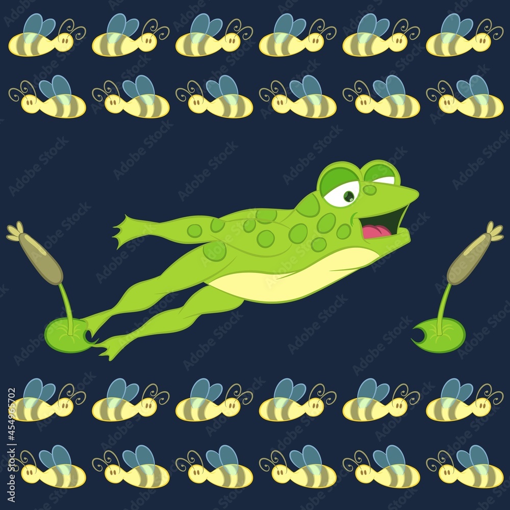 Fototapeta premium frog and bees with navy blue background