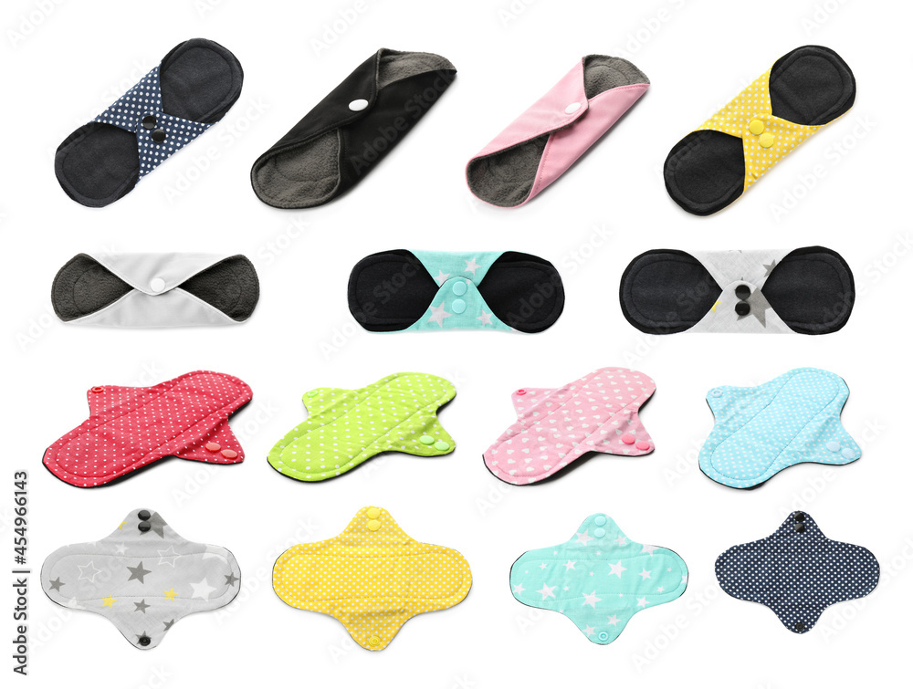 Set with different cloth menstrual pads on white background Set with different cloth menstrual pads on white background