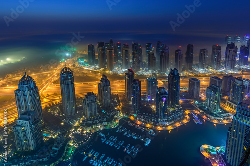 Beautiful aerial view of Dubai Marina in fog, United Arab Emirates.