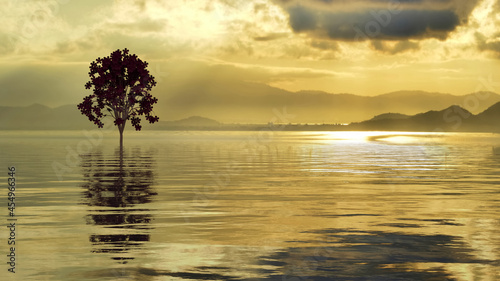 A silhouette tree on a gold glitter lake water surface with sunset in background (3D Rendering) © Chartchai