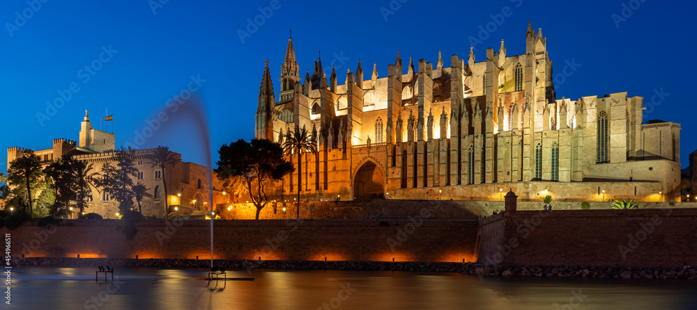 View of Palma de Mallorca cathedral by night,