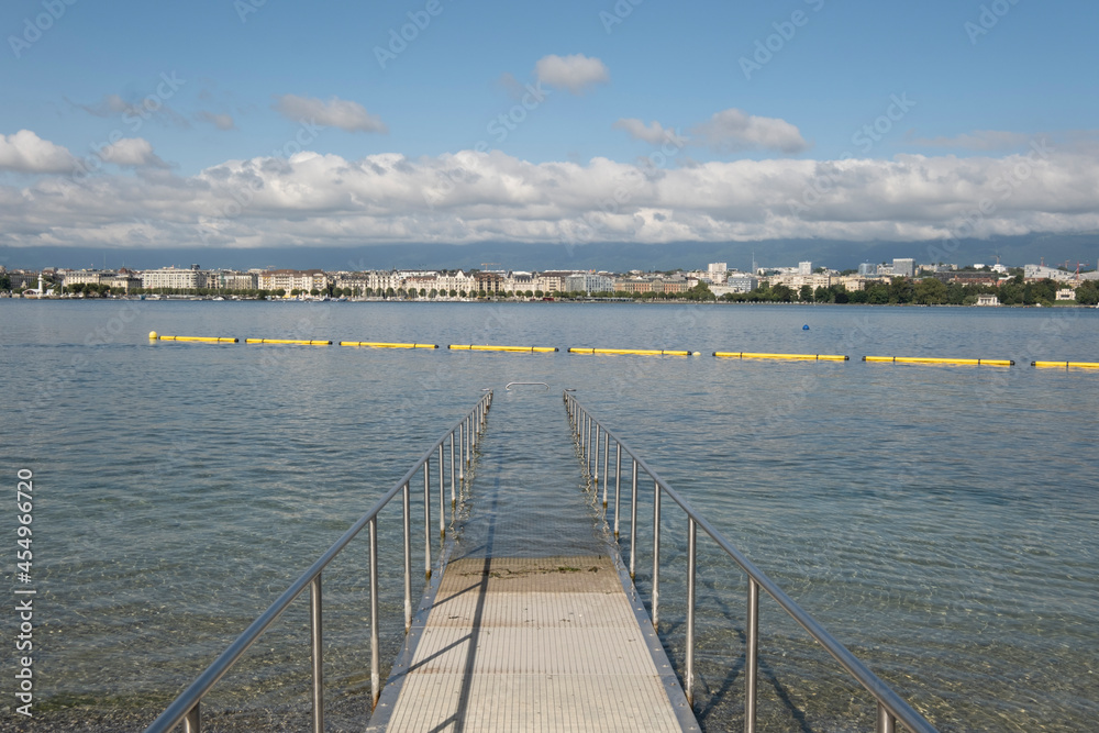 the new artificial beach of Les Eaux Vives in a beautiful summer day Geneva, Switzerland