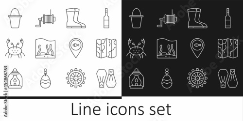Set line Rubber flippers for swimming, Folded map, Fishing boots, Aquarium, Crab, bucket, Location fishing and Spinning reel icon. Vector