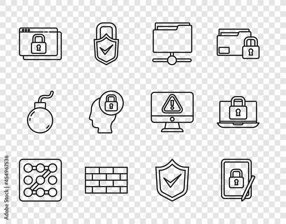Set line Graphic password protection, Tablet with closed padlock, FTP folder, Firewall, security wall, Secure your site HTTPS, SSL, Human head, Shield check mark and Laptop and icon. Vector Set line Graphic password protection, Tablet with closed padlock, FTP folder, Firewall, security wall, Secure your site HTTPS, SSL, Human head, Shield check mark and Laptop and icon. Vector