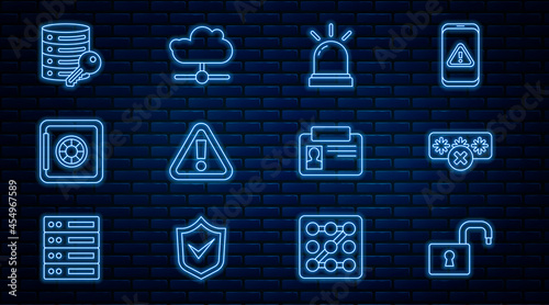 Set line Open padlock, Password protection, Motion sensor, Exclamation mark in triangle, Safe, Server security with key, Identification badge and Network cloud connection icon. Vector