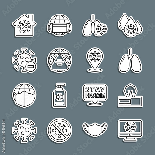 Set line Virus statistics on monitor, Wet wipe pack, Lungs, cells in lung, Earth with medical mask, Negative virus, Stay home and Corona 2019-nCoV location icon. Vector