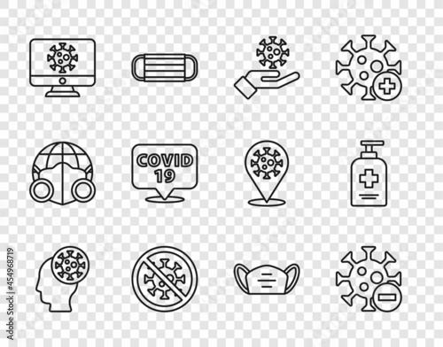 Set line Human and virus, Negative, Hand with, Stop, Virus statistics on monitor, Corona location, Medical protective mask and Liquid antibacterial soap icon. Vector