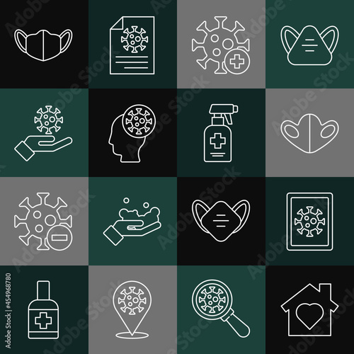 Set line House with heart inside, Virus statistics on monitor, Medical protective mask, Positive virus, Human and, Hand, and Liquid antibacterial soap icon. Vector