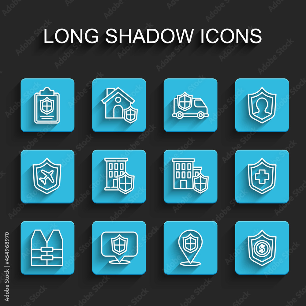 Set line Life jacket, Location shield, Document with, Shield dollar, House, Health insurance and icon. Vector Set line Life jacket, Location shield, Document with, Shield dollar, House, Health insurance and icon. Vector
