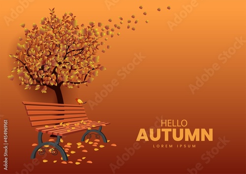 wooden bench with leaf. Hello Autumn Vector illustration design with beautiful nature background.