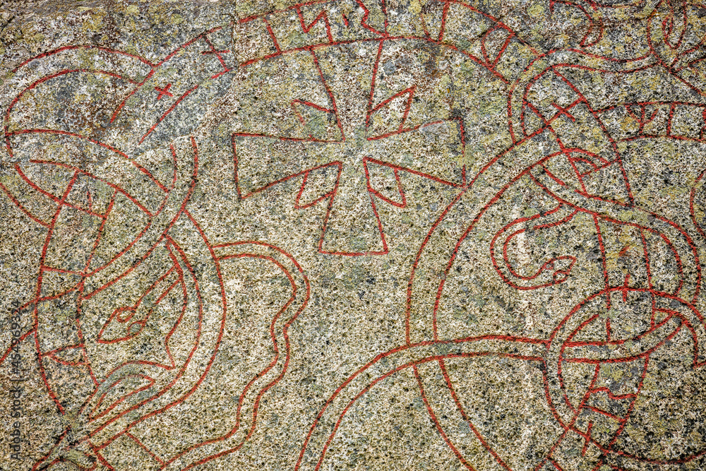 Fototapeta premium Close up view of runestone with inscription from the 1000s AD. Sweden. 