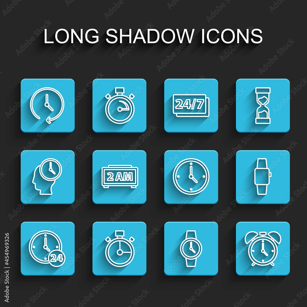 Set line Clock 24 hours, Stopwatch, Wrist, Alarm clock, Digital alarm, Smartwatch and icon. Vector Set line Clock 24 hours, Stopwatch, Wrist, Alarm clock, Digital alarm, Smartwatch and icon. Vector
