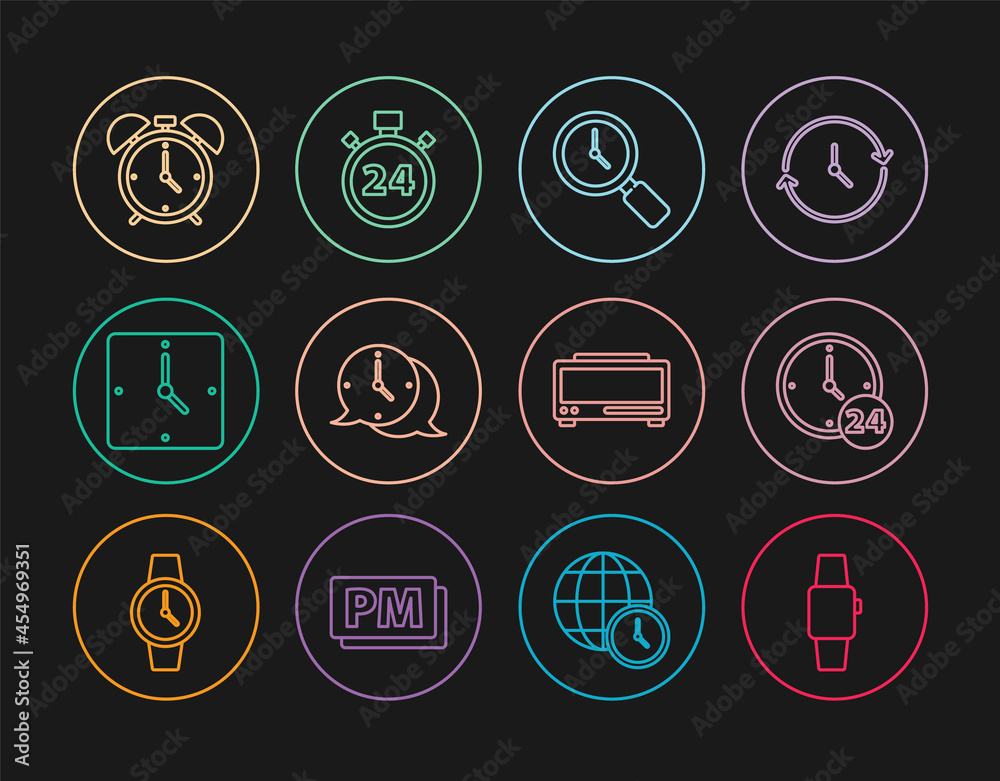 Set line Smartwatch, Clock 24 hours, Magnifying glass with clock, speech bubble, Alarm, Digital alarm and Stopwatch icon. Vector Set line Smartwatch, Clock 24 hours, Magnifying glass with clock, speech bubble, Alarm, Digital alarm and Stopwatch icon. Vector
